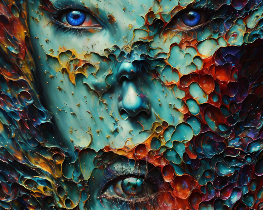 Colorful portrait with intense blue eyes and textured patterns.