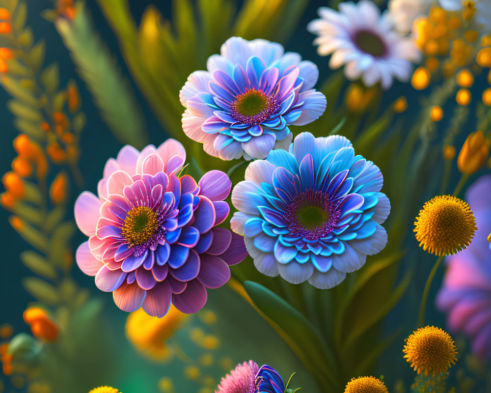 Colorful digital flowers in vibrant blues, purples, and yellows with intricate details.