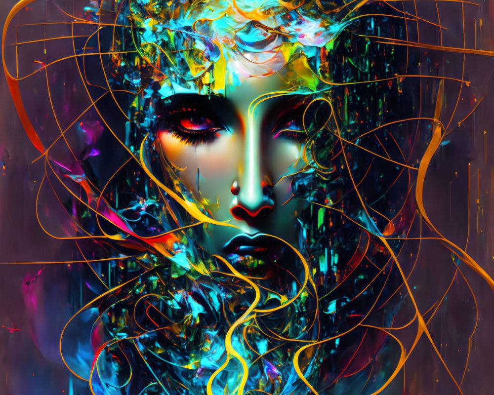 Colorful Abstract Digital Art: Stylized Female Face with Flowing Lines