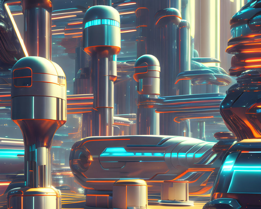 Futuristic industrial scene with glowing neon lights and advanced machinery