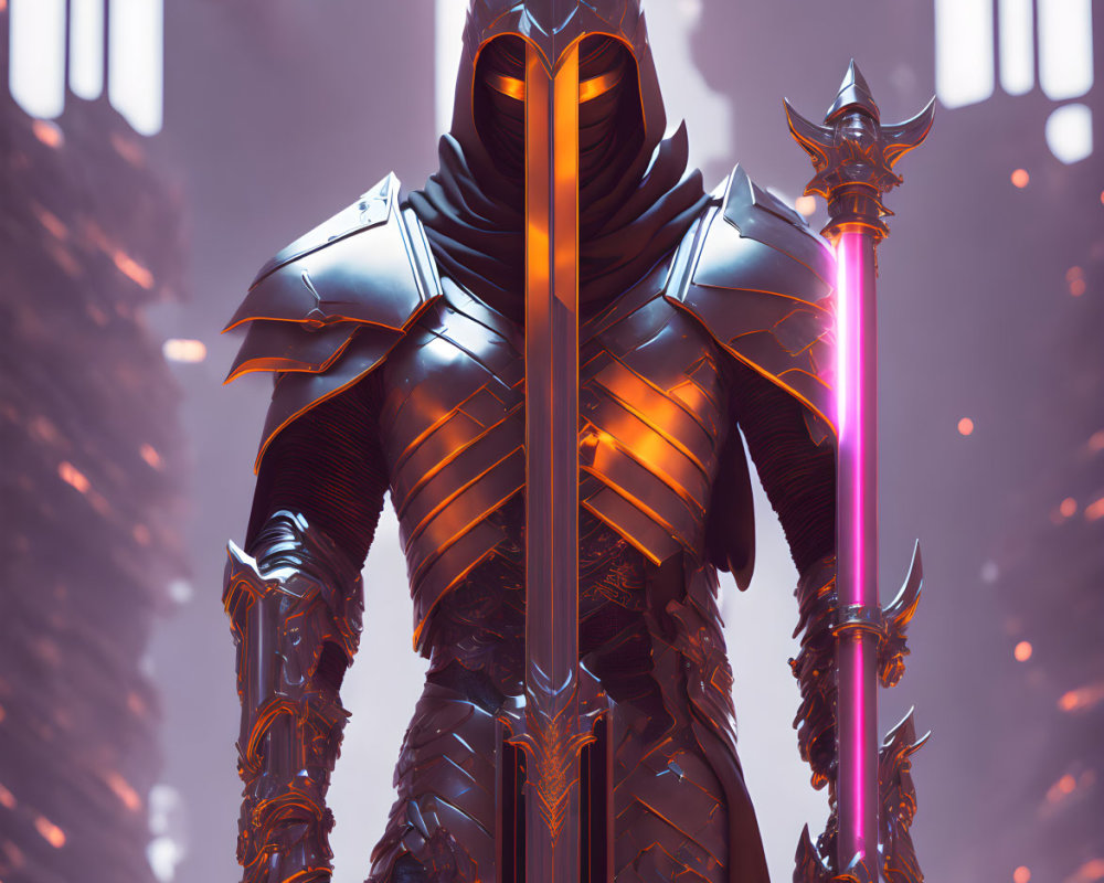 Futuristic knight in black armor with red visor and neon pink sword in cityscape.