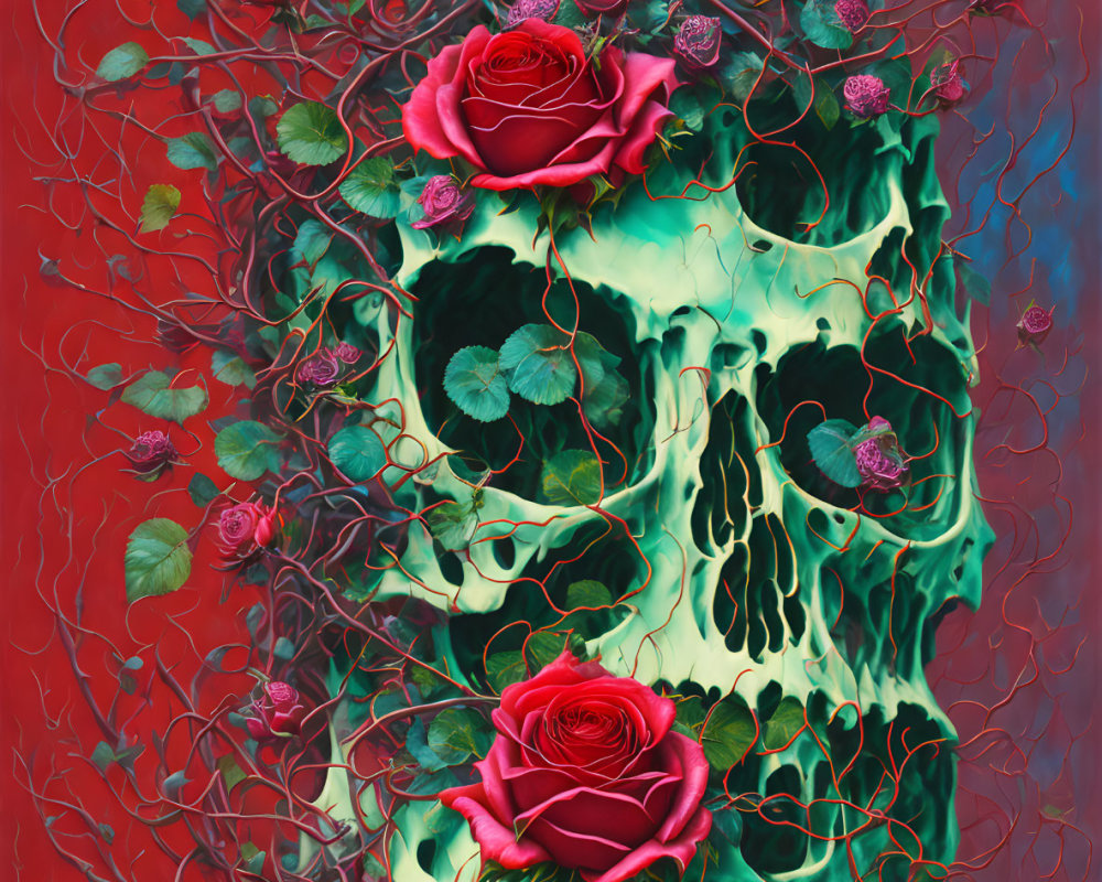 Skull with roses and vines on red background symbolizing life and decay