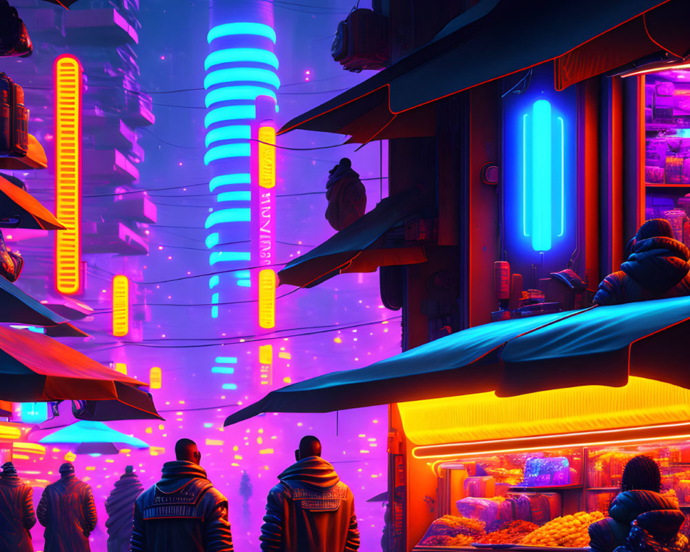 Futuristic neon-lit cyberpunk cityscape at night