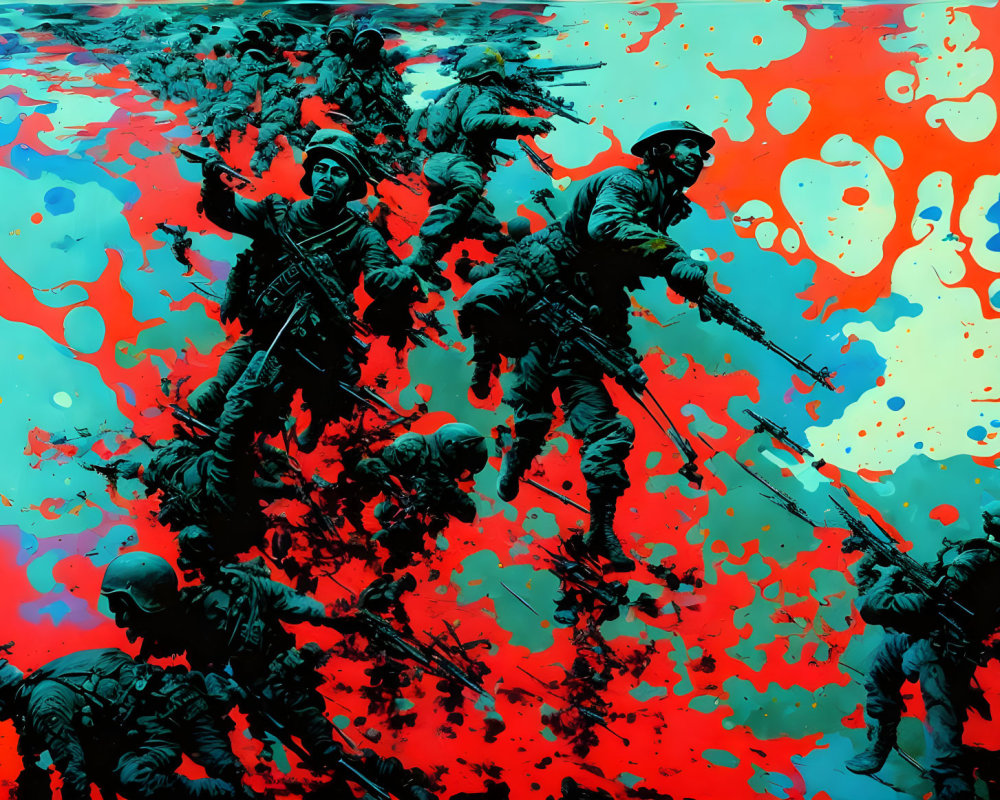 Abstract artwork: Silhouetted soldiers in chaotic red and blue ink splashes