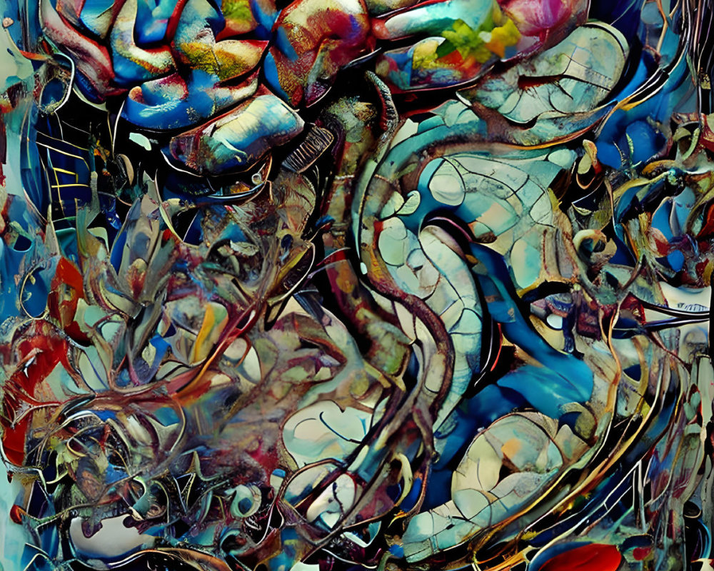 Colorful Abstract Artwork: Brain Connected to Techno-Biological Fusion