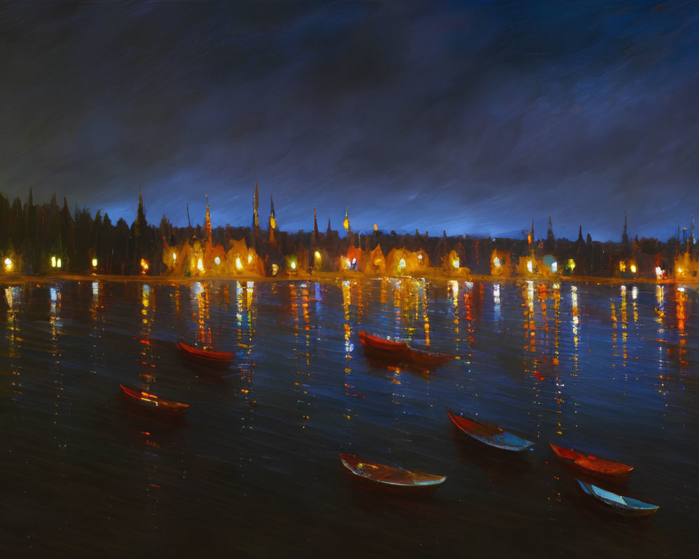 Panoramic nightscape oil painting of city skyline and river boats