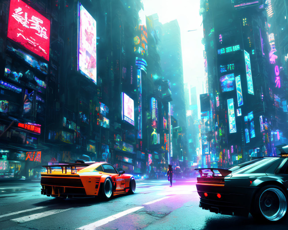 Futuristic neon-lit cityscape with skyscrapers and cyberpunk cars