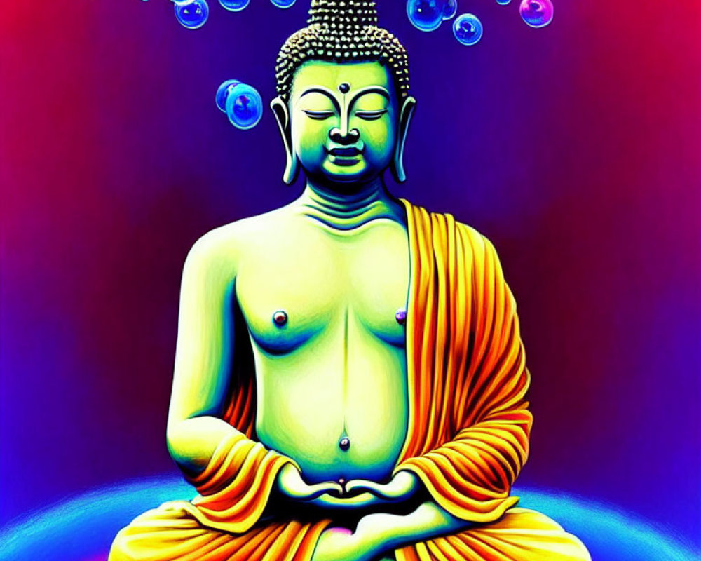 Colorful digital art: Meditating Buddha with radiant aura and ornate patterns