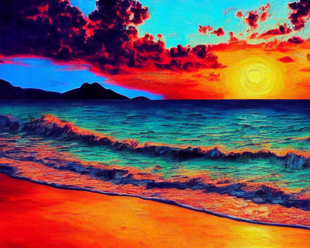 Colorful beach sunset painting with fiery sky, radiant sun, dark clouds, and crashing waves