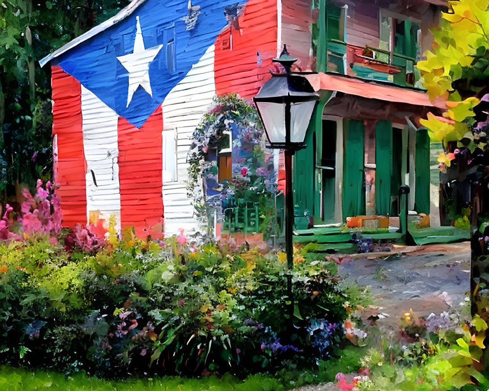 Detailed painting of two-story house with Texas flag, gardens, and vintage street lamp