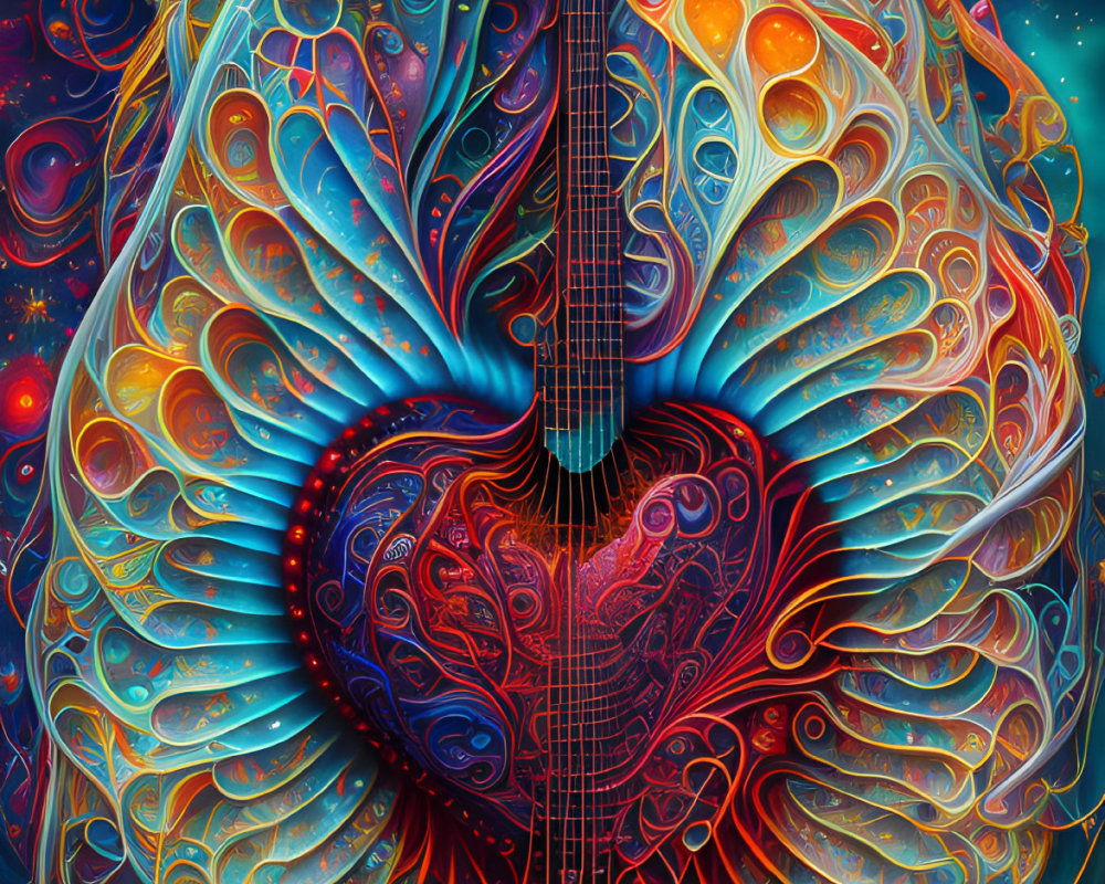 Colorful Digital Artwork: Stylized Heart, Cosmic Patterns, Guitar, Abstract Designs