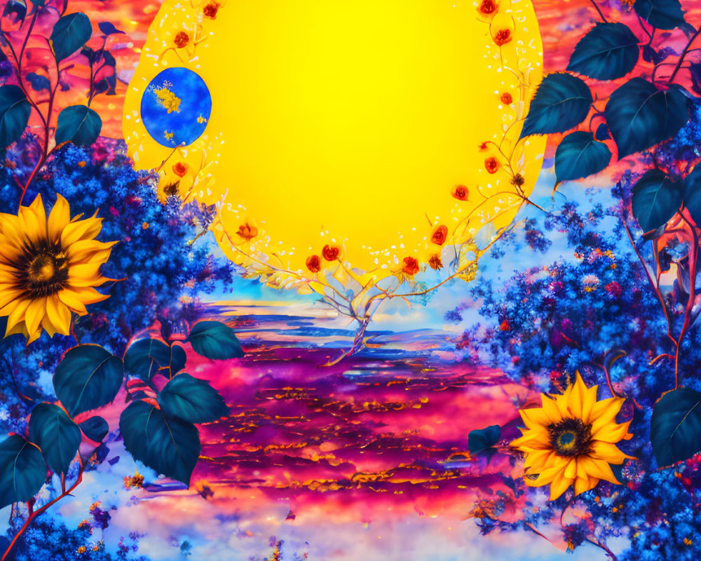 Colorful surreal artwork: large glowing sun, sunflowers, red tree, blue and purple sky