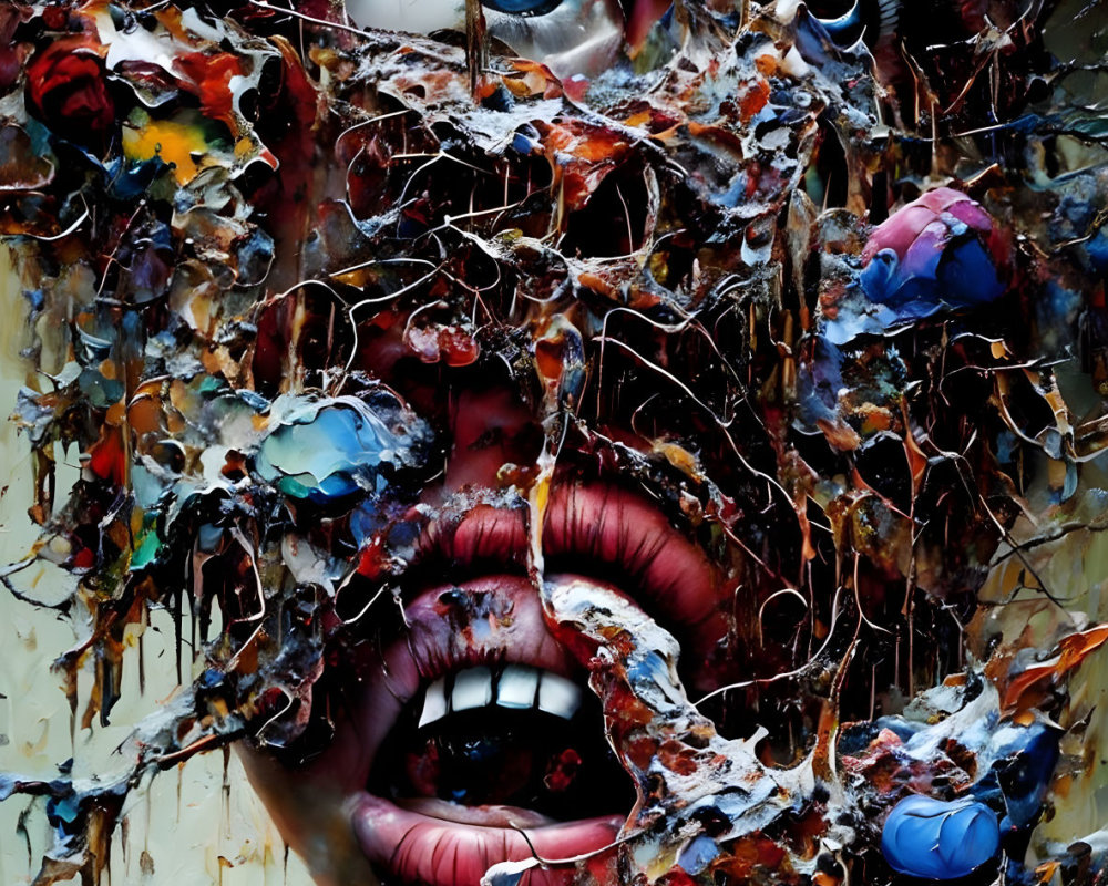 Colorful Abstract Painting of Fragmented Human Face with Expressive Eyes and Mouth