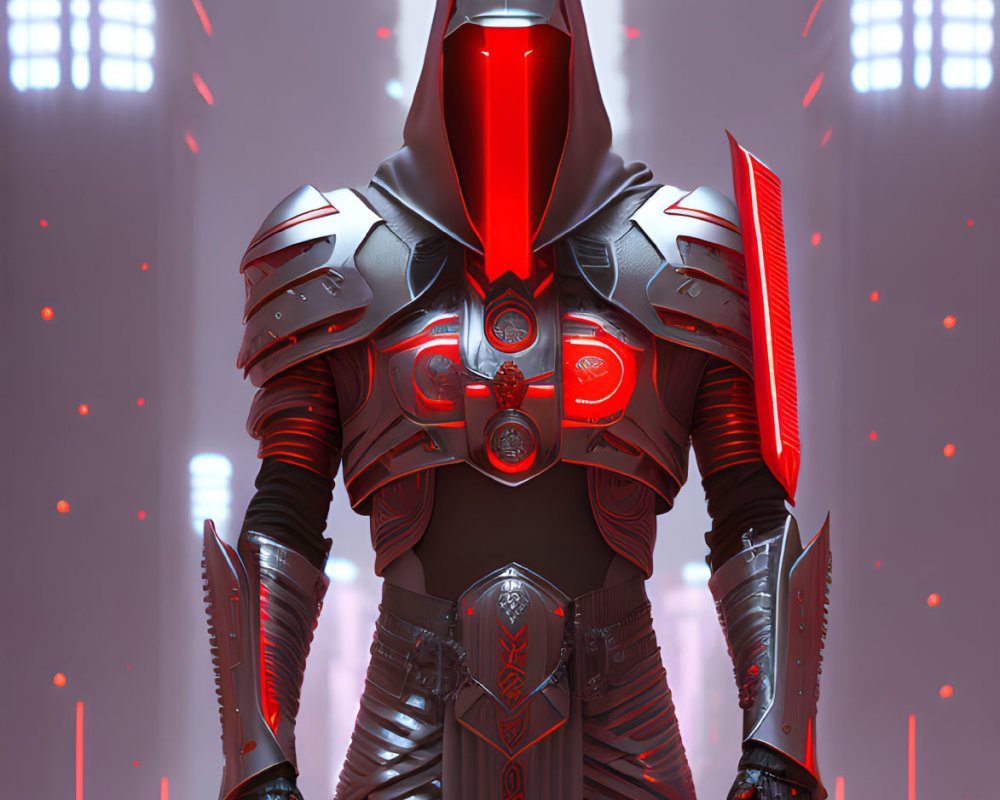 Futuristic knight in red and silver armor with glowing visor in high-tech setting