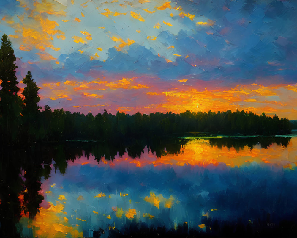 Sunset oil painting: vivid orange clouds reflected on tranquil forest lake