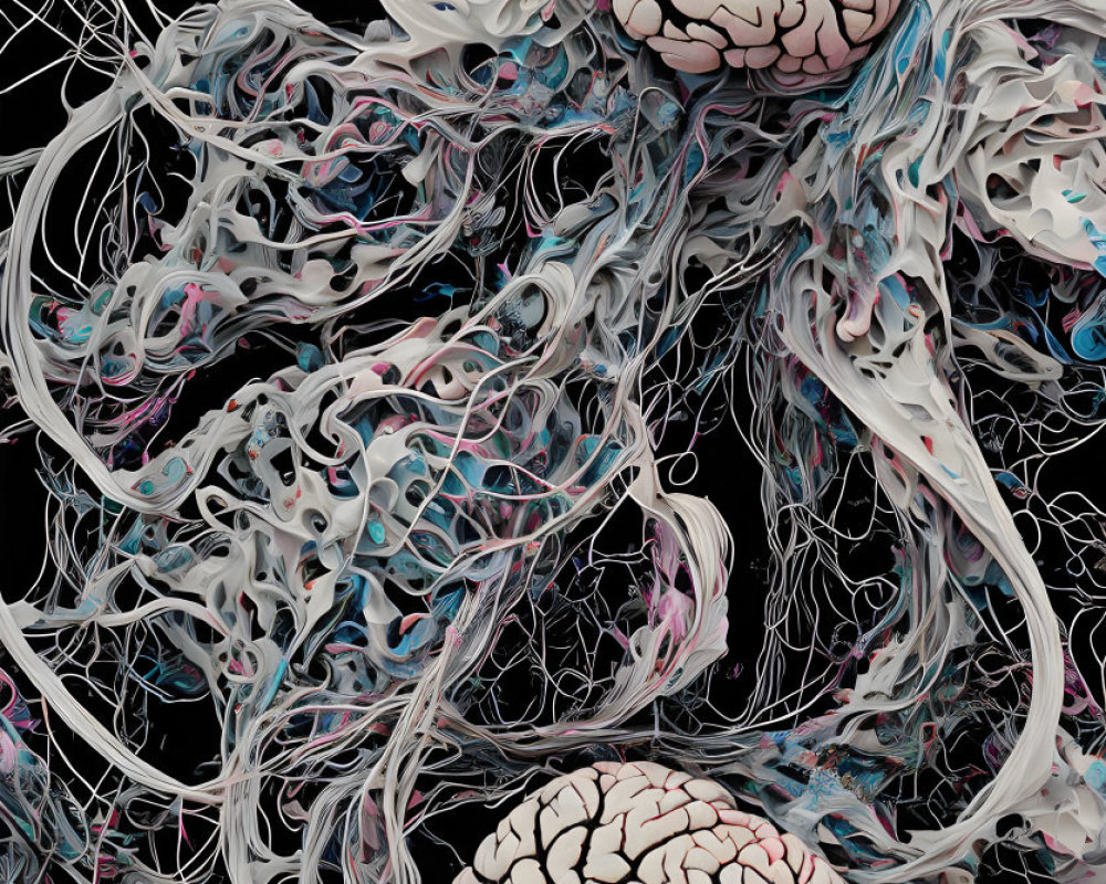 Abstract art: Two human brains intertwined in chaotic neural patterns