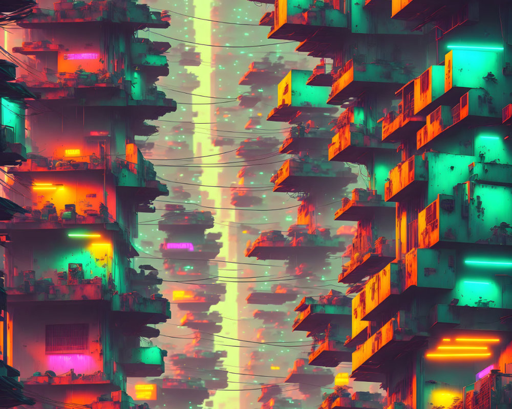 Futuristic neon cityscape with towering buildings and silhouetted figures