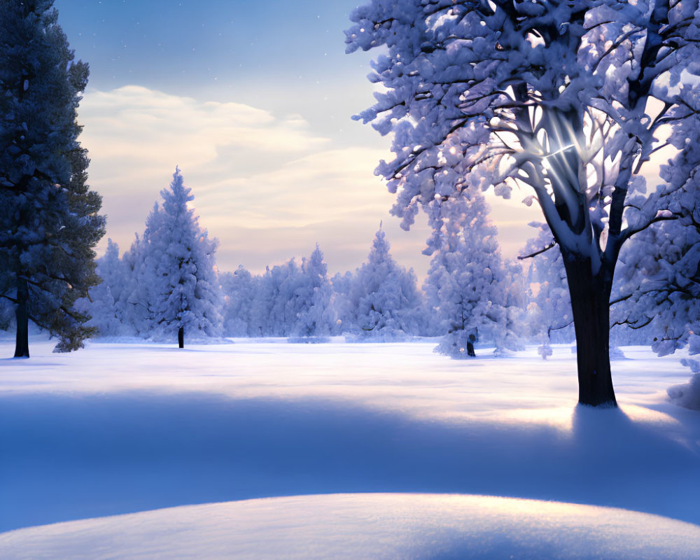 Snow-covered trees under full moon in starlit winter night