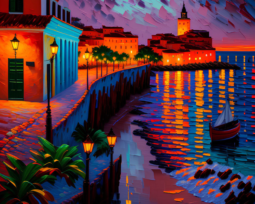 Colorful coastal town painting at dusk with reflection, boat, and illuminated buildings under dynamic sky