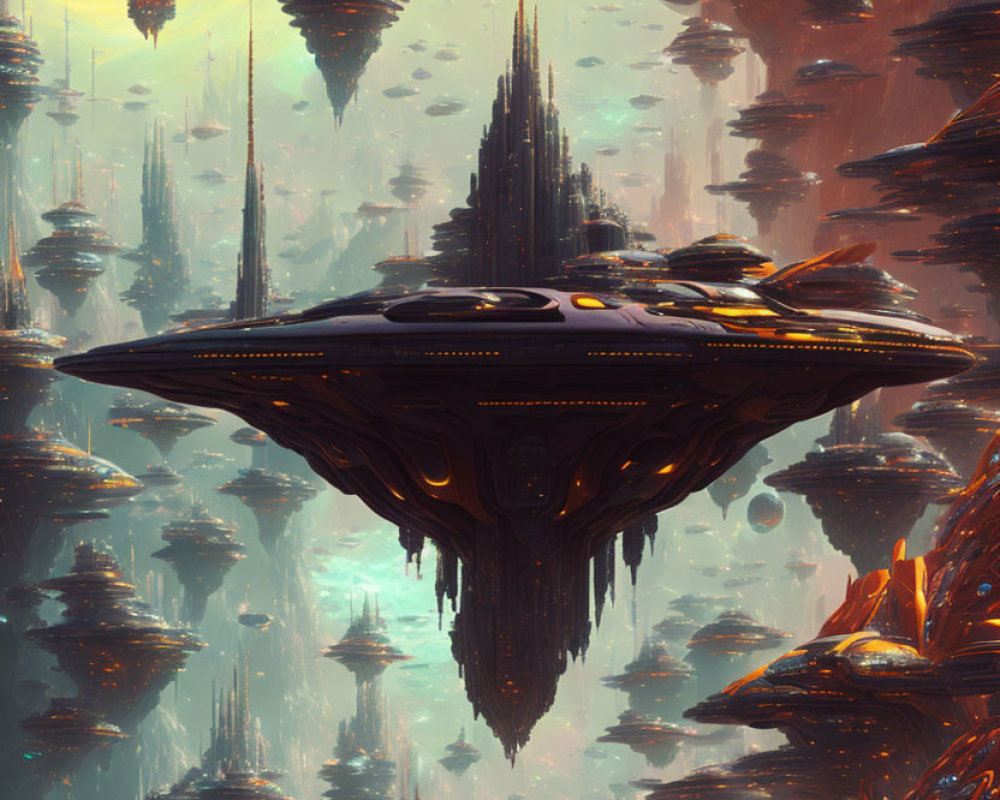 Futuristic cityscape with towering spires and alien sky featuring a starship.