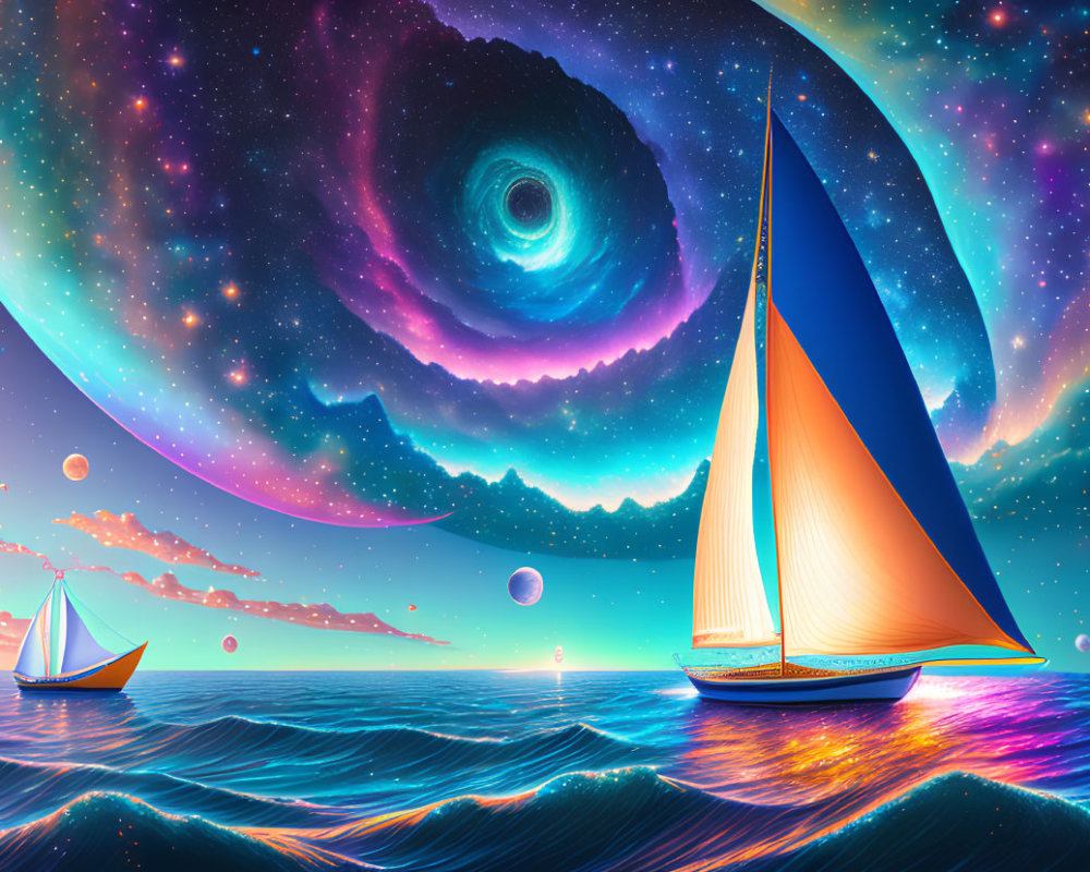Colorful Digital Art: Sailboats on Cosmic Sea with Galaxy, Planets, Stars