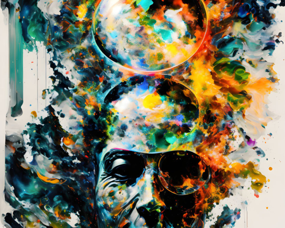 Colorful digital artwork: figure with paint-like head explosion and clear thought bubble