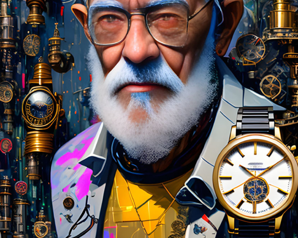 Elderly man with white beard surrounded by watches and gears