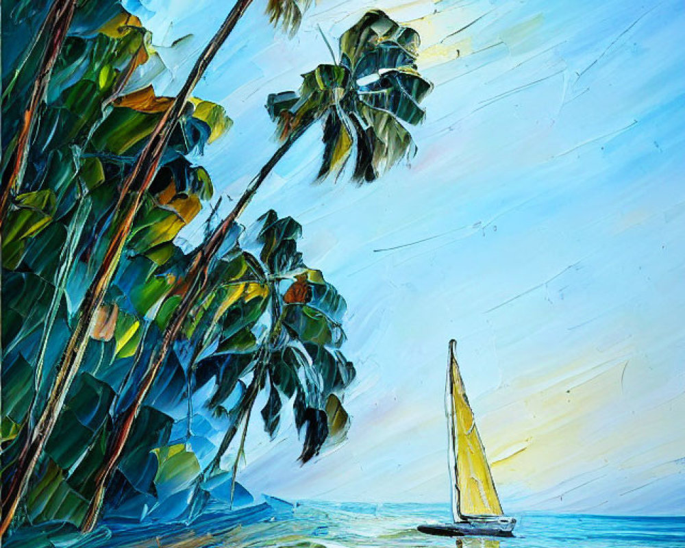 Vibrant Tropical Beach Oil Painting with Palm Trees and Sailboat