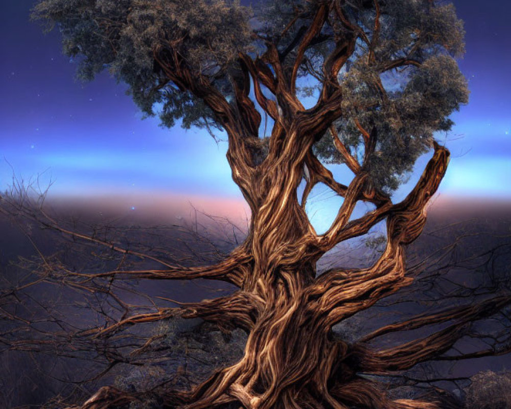 Twisted tree with lush foliage under full moon