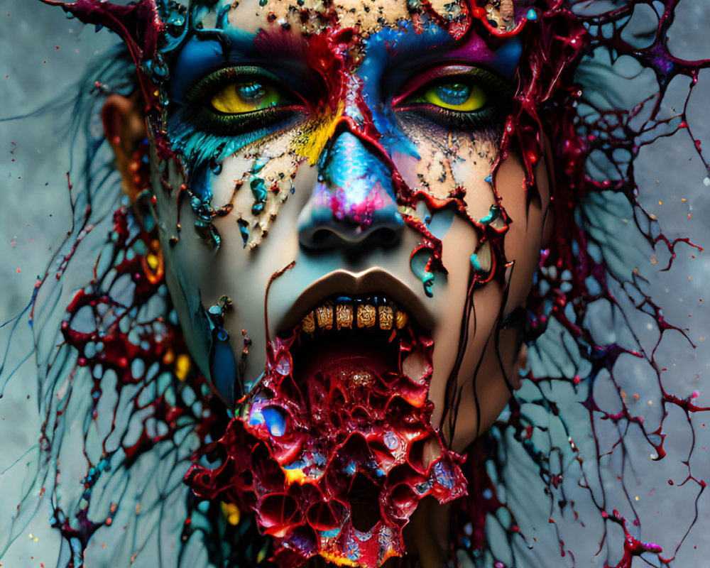 Colorful Creative Makeup with Blue Eyes and Red Splatter Detail