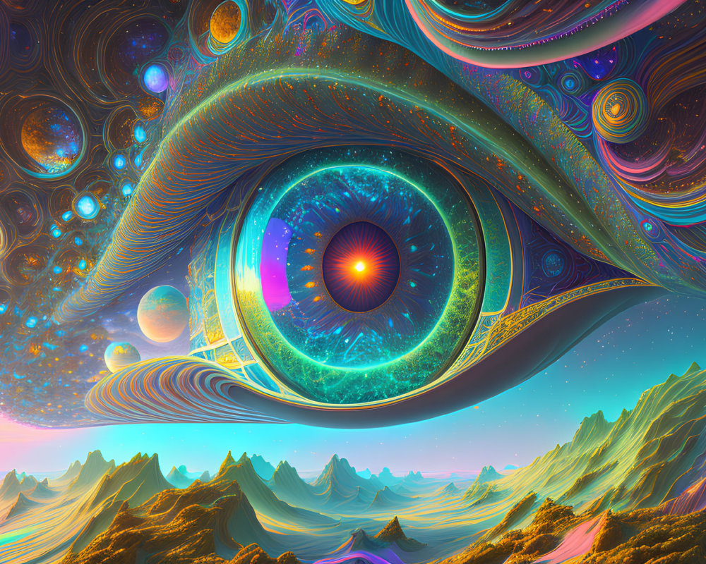 Psychedelic image of colossal eye with galaxies in iris above surreal landscape