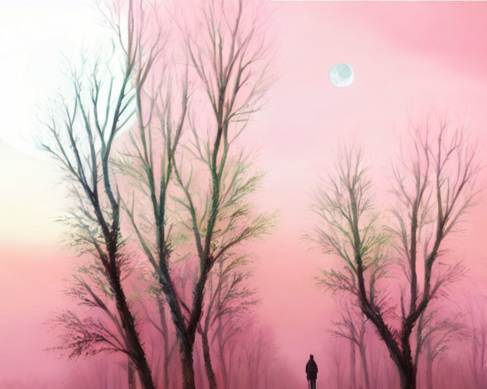 Person standing under bare trees under pink sky with sun and moon visible