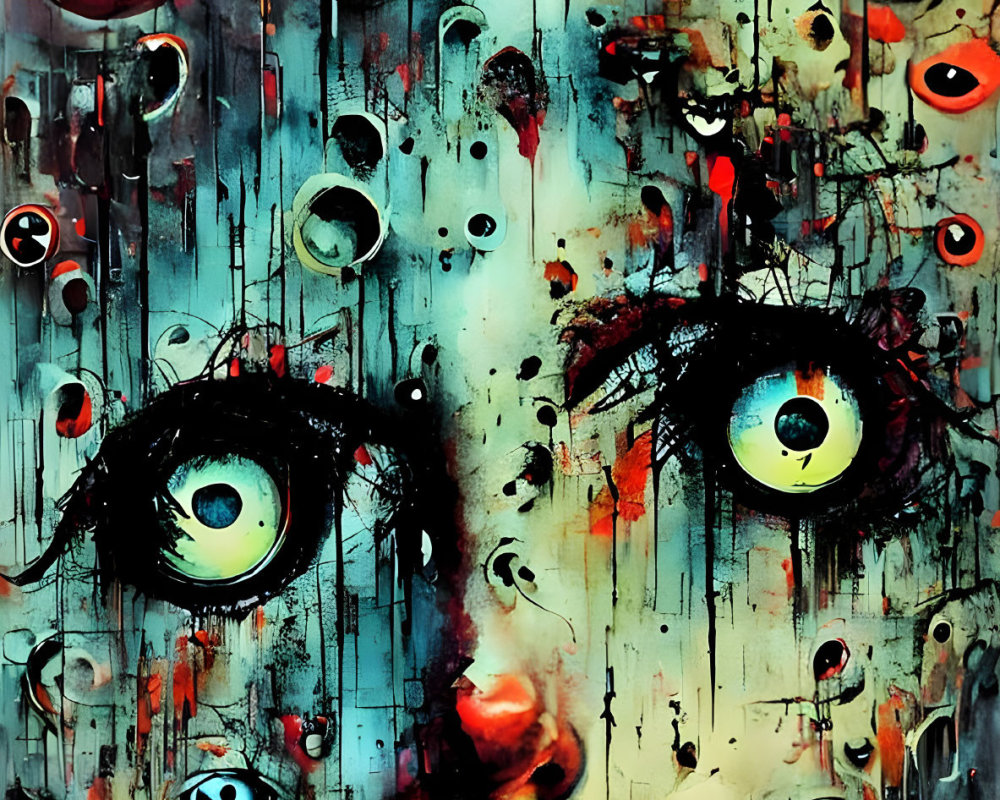 Surreal female face with multiple eyes and colorful paint drips, red accents, and apple.