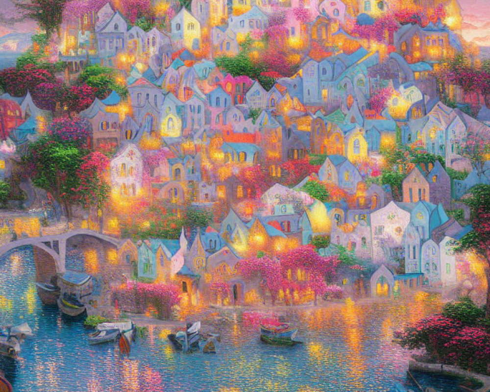 Colorful Village on Hillside with River, Boats, and Glowing Lights