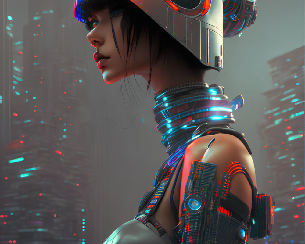 Futuristic female figure with cybernetic enhancements and high-tech helmet in neon cityscape