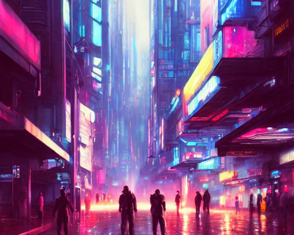 Futuristic neon-lit cityscape at dusk with skyscrapers and glowing billboards