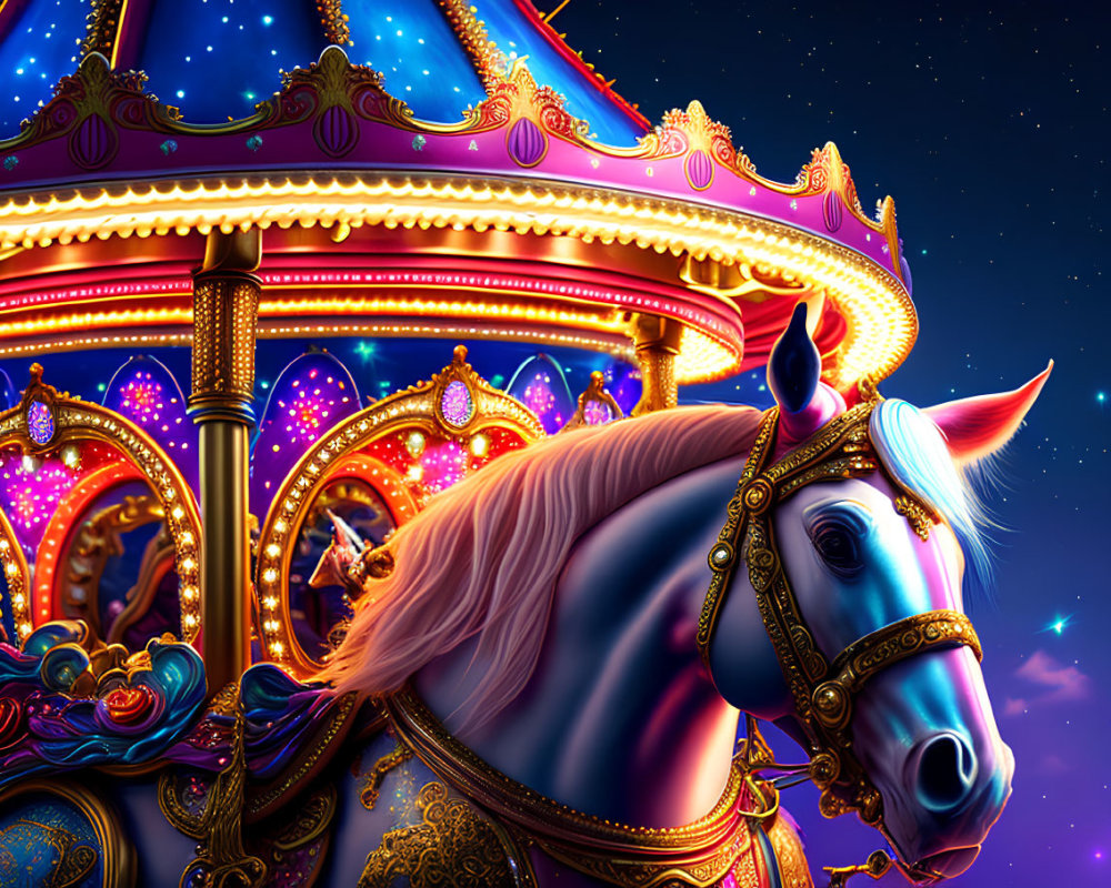 Colorful Carousel Horse with Detailed Decorations Under Starry Sky