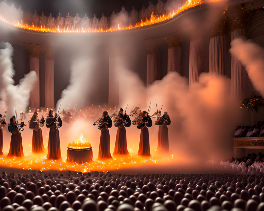 Violinists performing on fiery stage with smoke effects