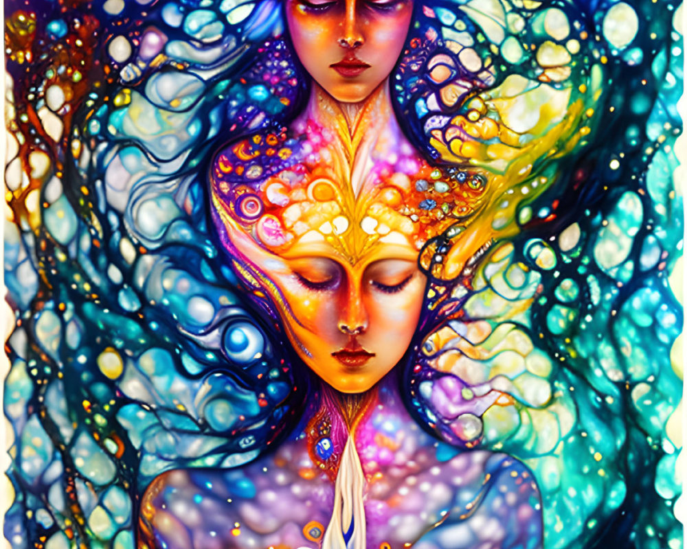 Psychedelic artwork: Ethereal beings with intricate designs and celestial colors