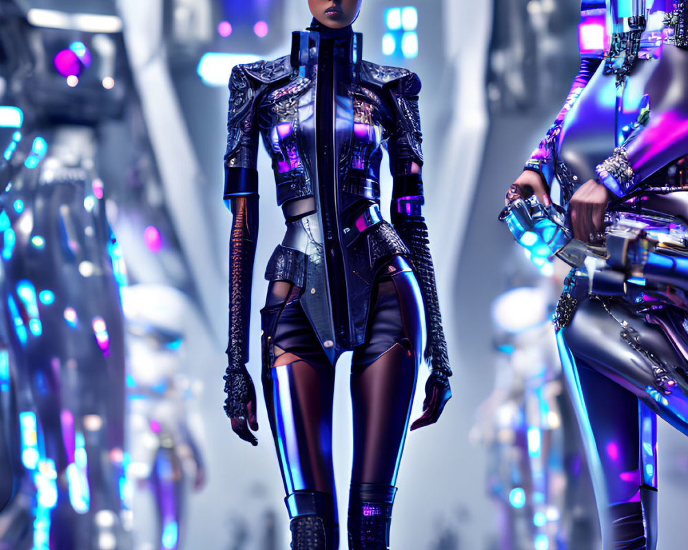 Female humanoid robot in sleek black body suit with cybernetic enhancements in futuristic corridor.