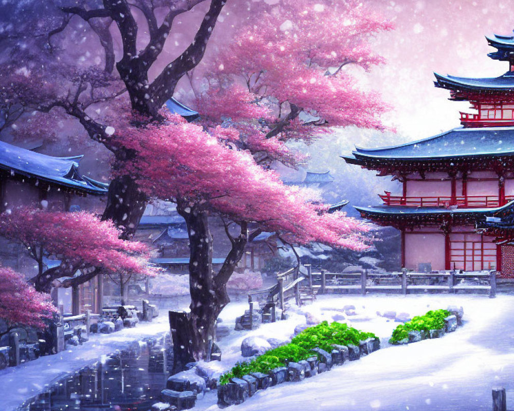 Traditional Japanese temple with cherry blossoms in snow