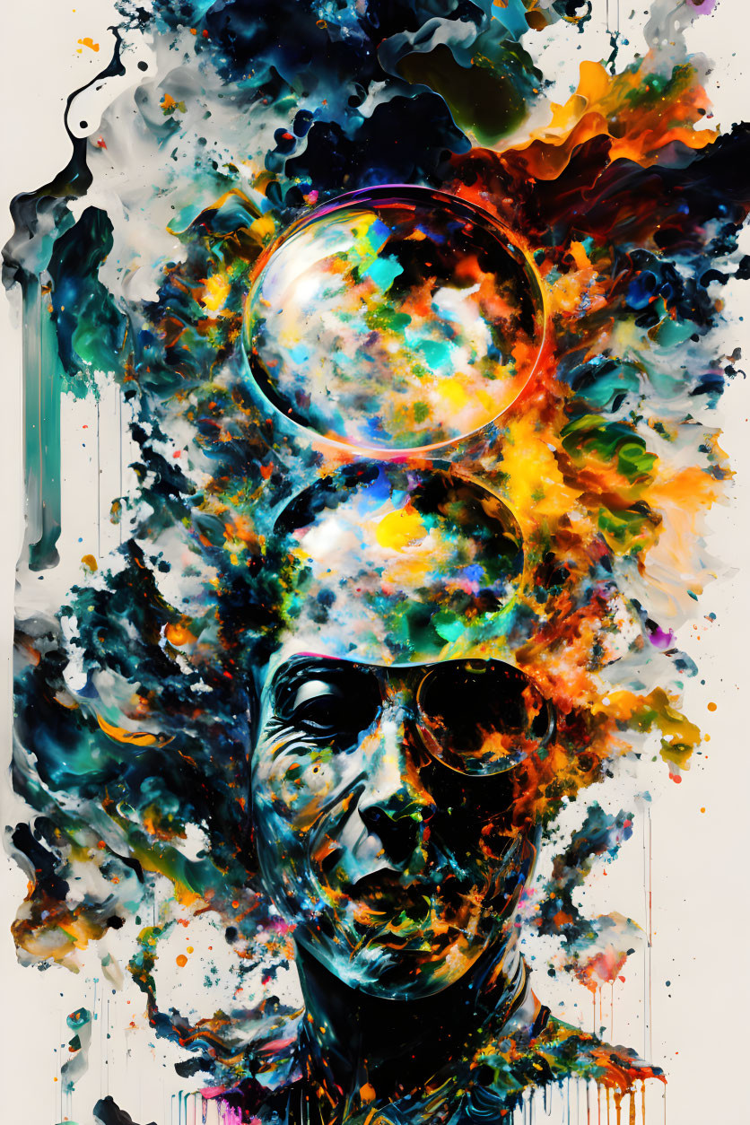 Colorful digital artwork: figure with paint-like head explosion and clear thought bubble