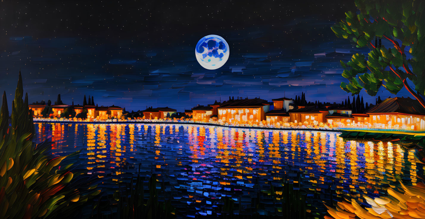 Impressionist-style painting: Nocturnal lakeside village under starry sky