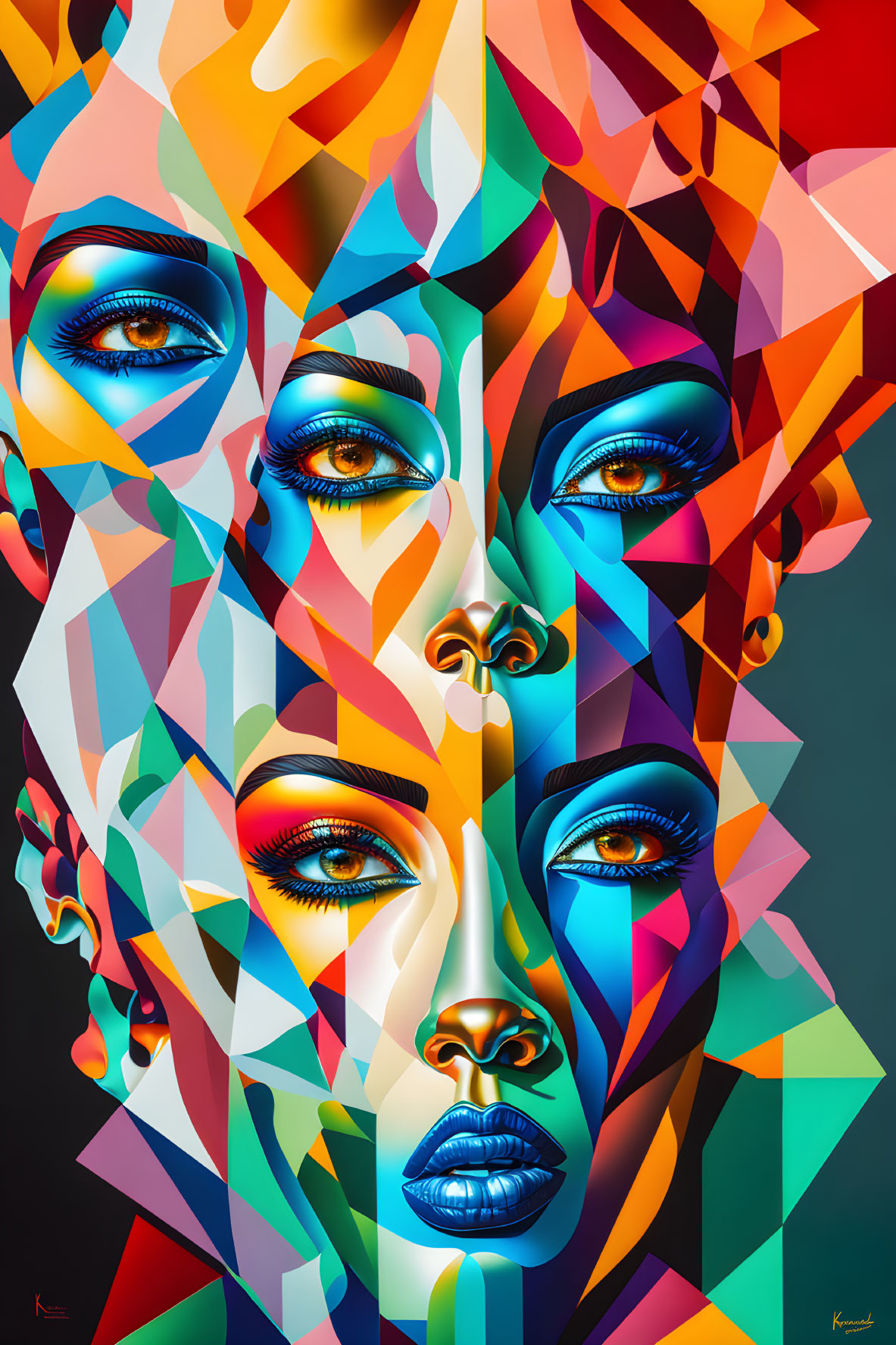 Colorful Geometric Digital Art Featuring Overlapping Female Faces