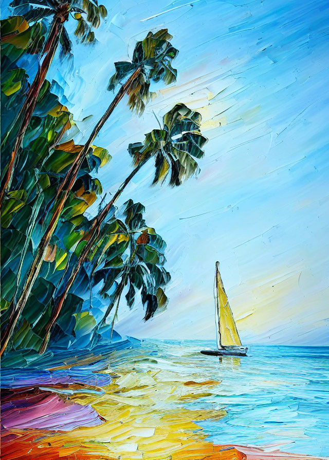 Vibrant Tropical Beach Oil Painting with Palm Trees and Sailboat