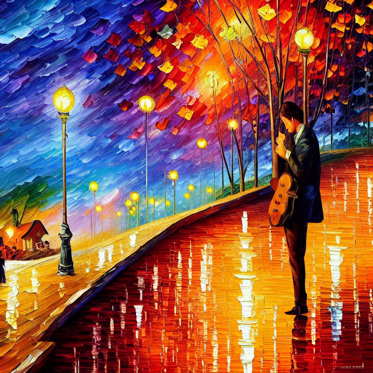 Colorful painting of person with guitar on reflective path