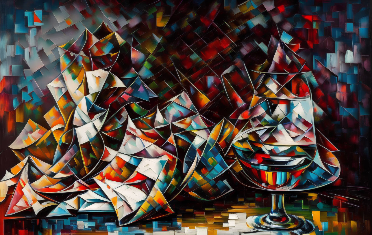 Vivid Geometric Sailboats on Dynamic Water Painting