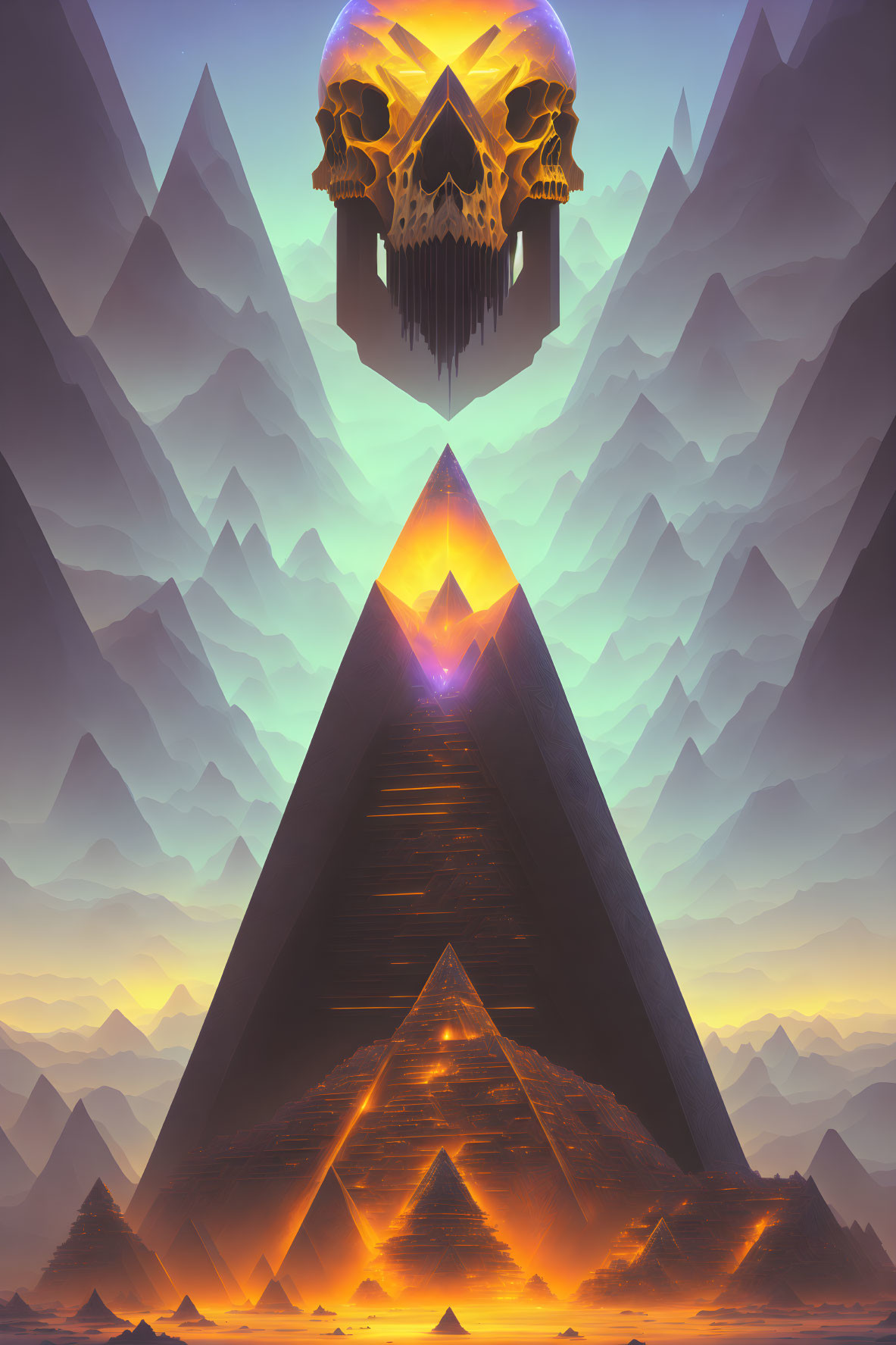 Surreal glowing pyramid with levitating skull in twilight landscape