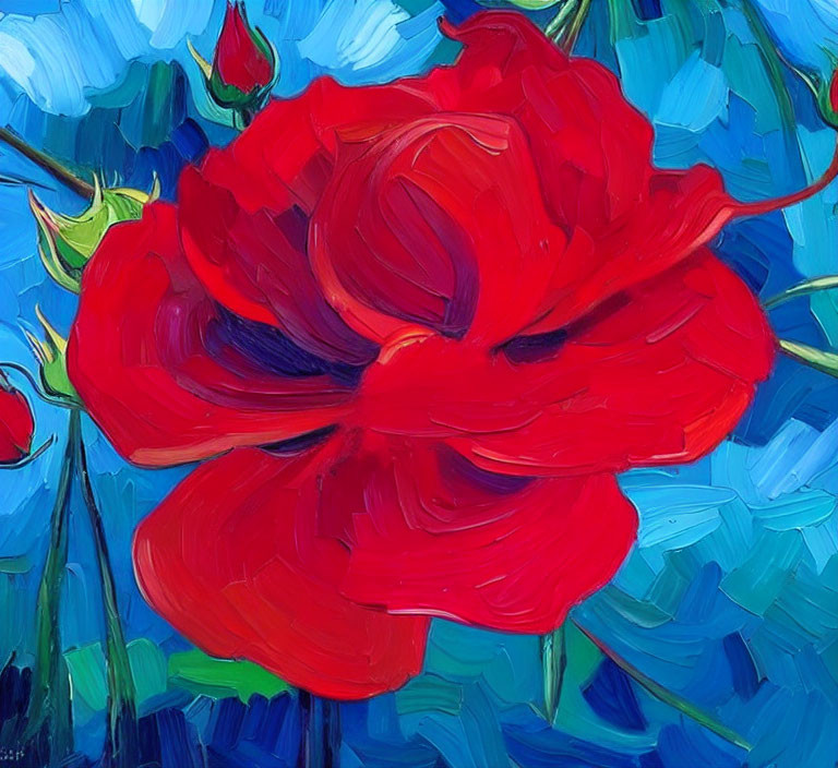 Colorful painting of large red rose on blue background