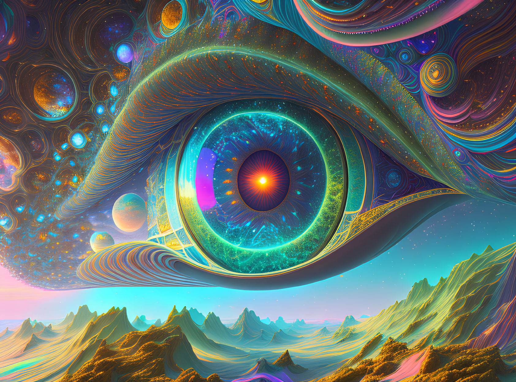 Psychedelic image of colossal eye with galaxies in iris above surreal landscape